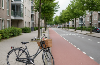 Fiets naast een woonstraat met vrijliggend fietspad tussen stedelijke woningen.