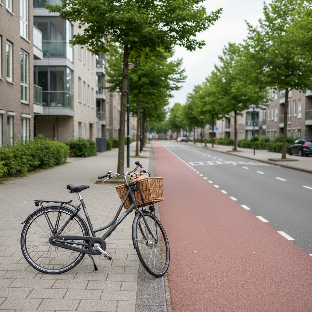 Fiets naast een woonstraat met vrijliggend fietspad tussen stedelijke woningen.