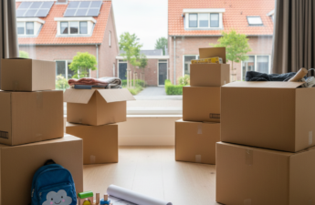 Verhuisdozen, kinderspullen en een plattegrond in een lichte gezinswoning.
