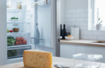 Een stuk gerijpte kaas met een schoon mes en bewaarmateriaal naast een geopende koelkast.
