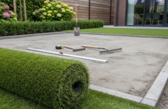 Kunstgrasmat naast een vlak verdichte onderbouw in een Nederlandse tuin.