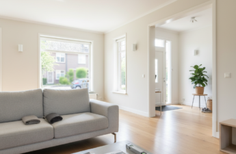 Verzorgde woonkamer met onderhoudsgereedschap en woningdocumenten ter voorbereiding op verkoop en taxatie.