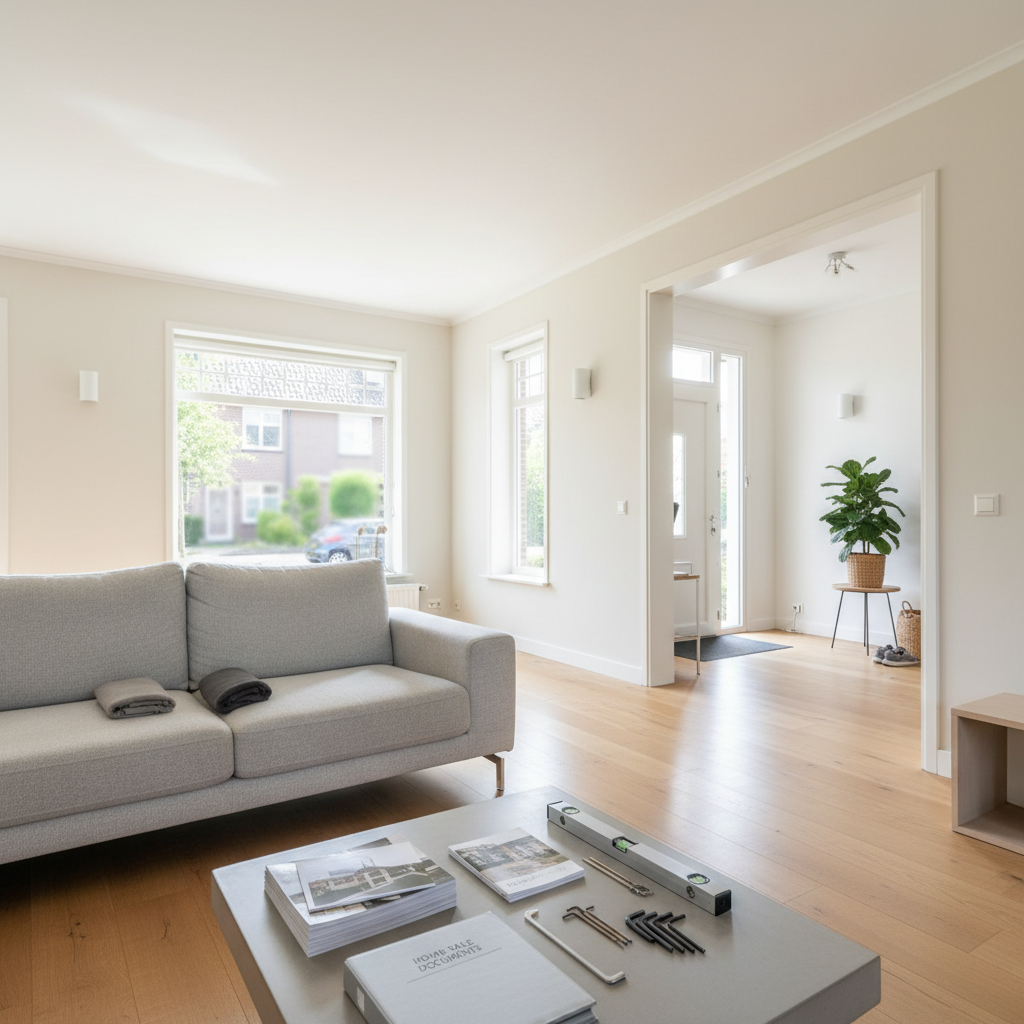 Verzorgde woonkamer met onderhoudsgereedschap en woningdocumenten ter voorbereiding op verkoop en taxatie.