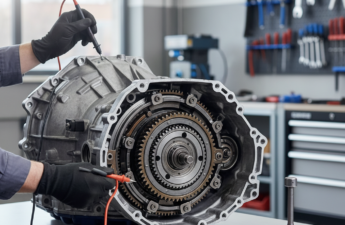 Automatische versnellingsbak op een werkbank tijdens een technische inspectie.